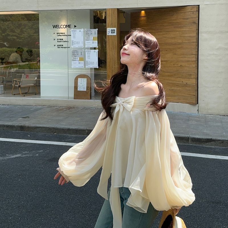 Asymmetric Top Women - French Style Off Shoulder Puff Sleeve