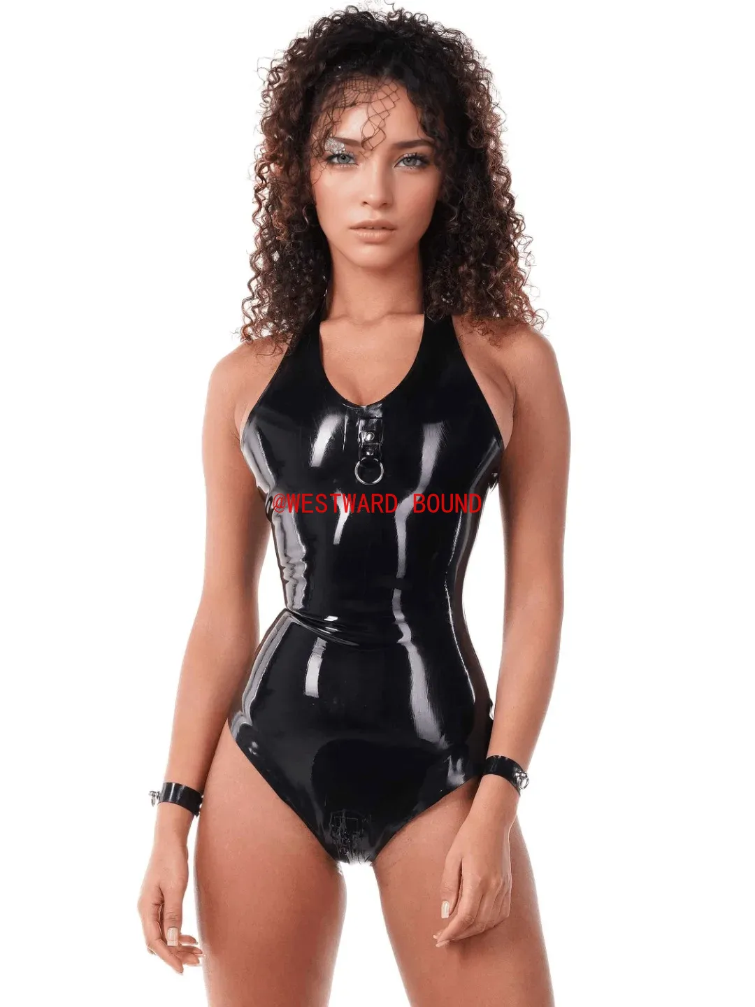 Sleeveless Jumpsuit - sexy black latex halter bodysuit ring