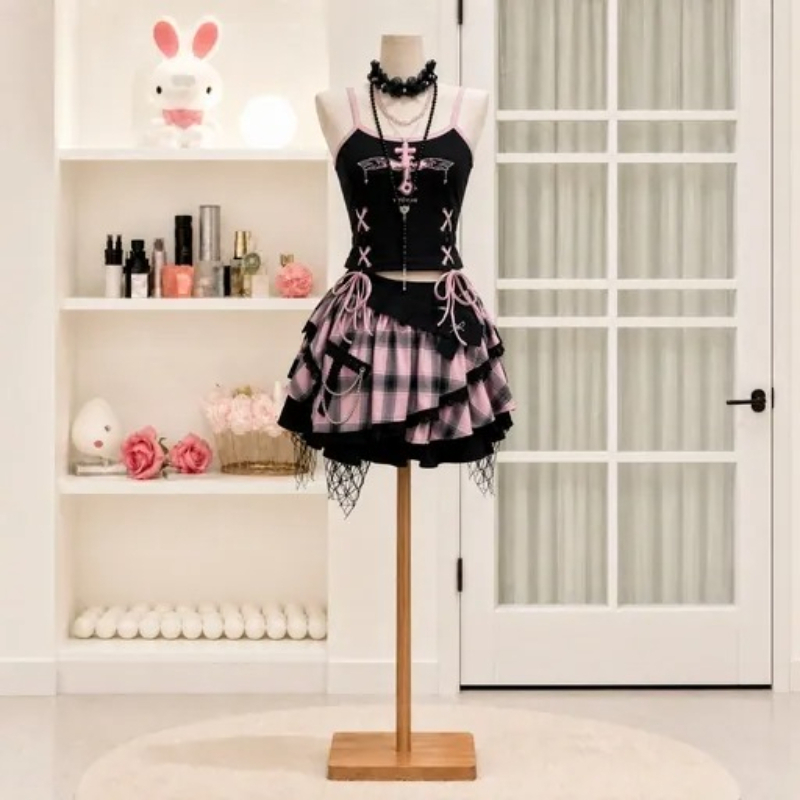 V Neck Cami Top - Vintage Y2K Dark Sweet Skirt Set