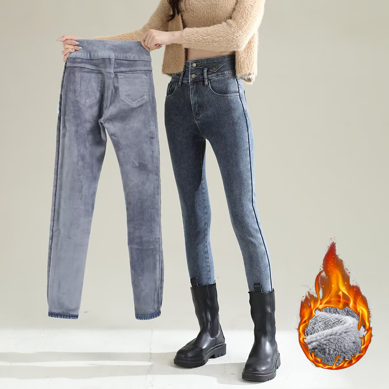 Women Fashion Jeans - Winter Lady Chic Plush Thermal Straight