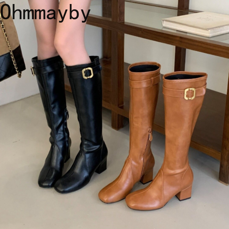 Women'S Fashion Knee High Boots - Women Retro Square Toe Knee High