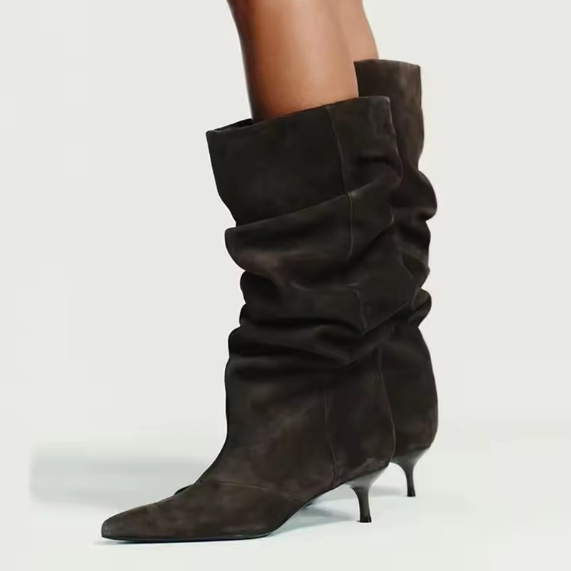 Women'S Fashion Knee High Boots - Liyke Runway Fashion Pleated Suede Knee