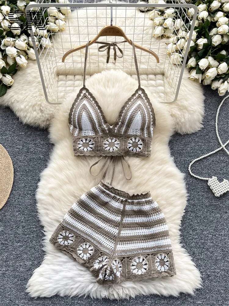 Beach Vacation Knit 2pcs Suits - V Neck Cami Top recension och pris