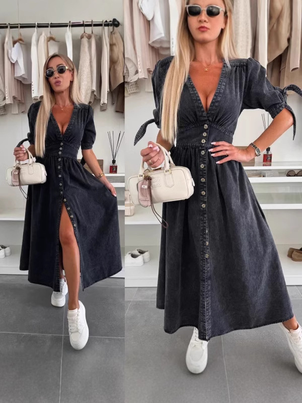 Fashionable Denim Dress V-Neck - Women Fashion Jeans recension och pris